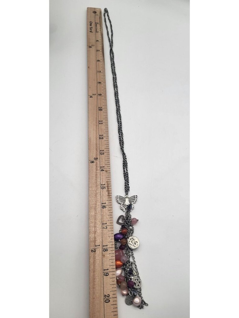 Fairy Whimsical Boho Silver Tone Dangle Charm Necklace Butterfly Hamsa Peace - Picture 7 of 8